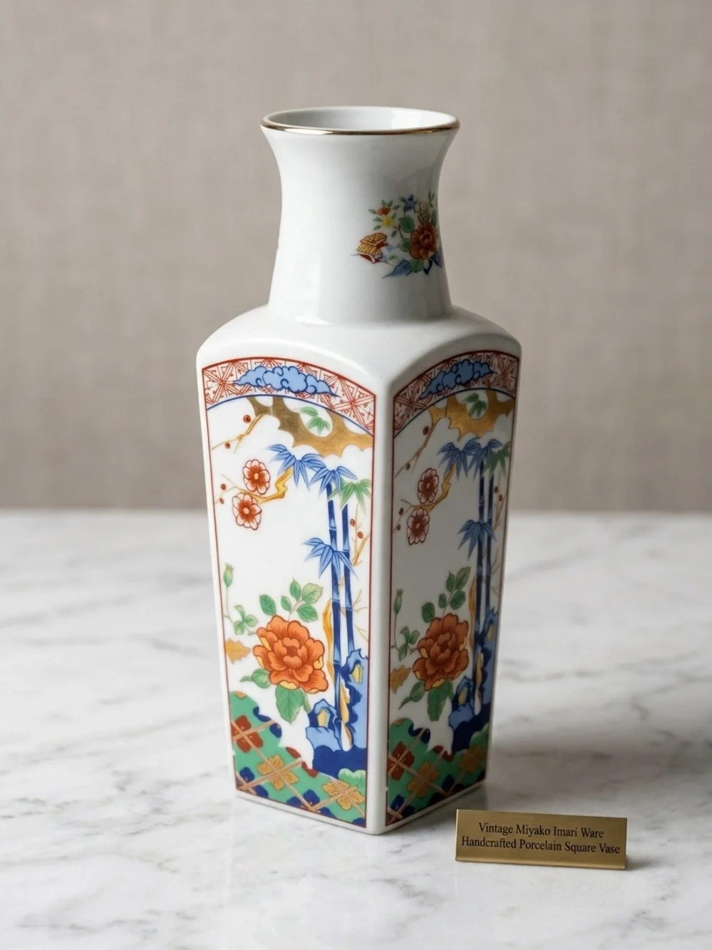 Vintage Miyako Imari Ware Handcrafted Porcelain Square Vase Excellent Condition